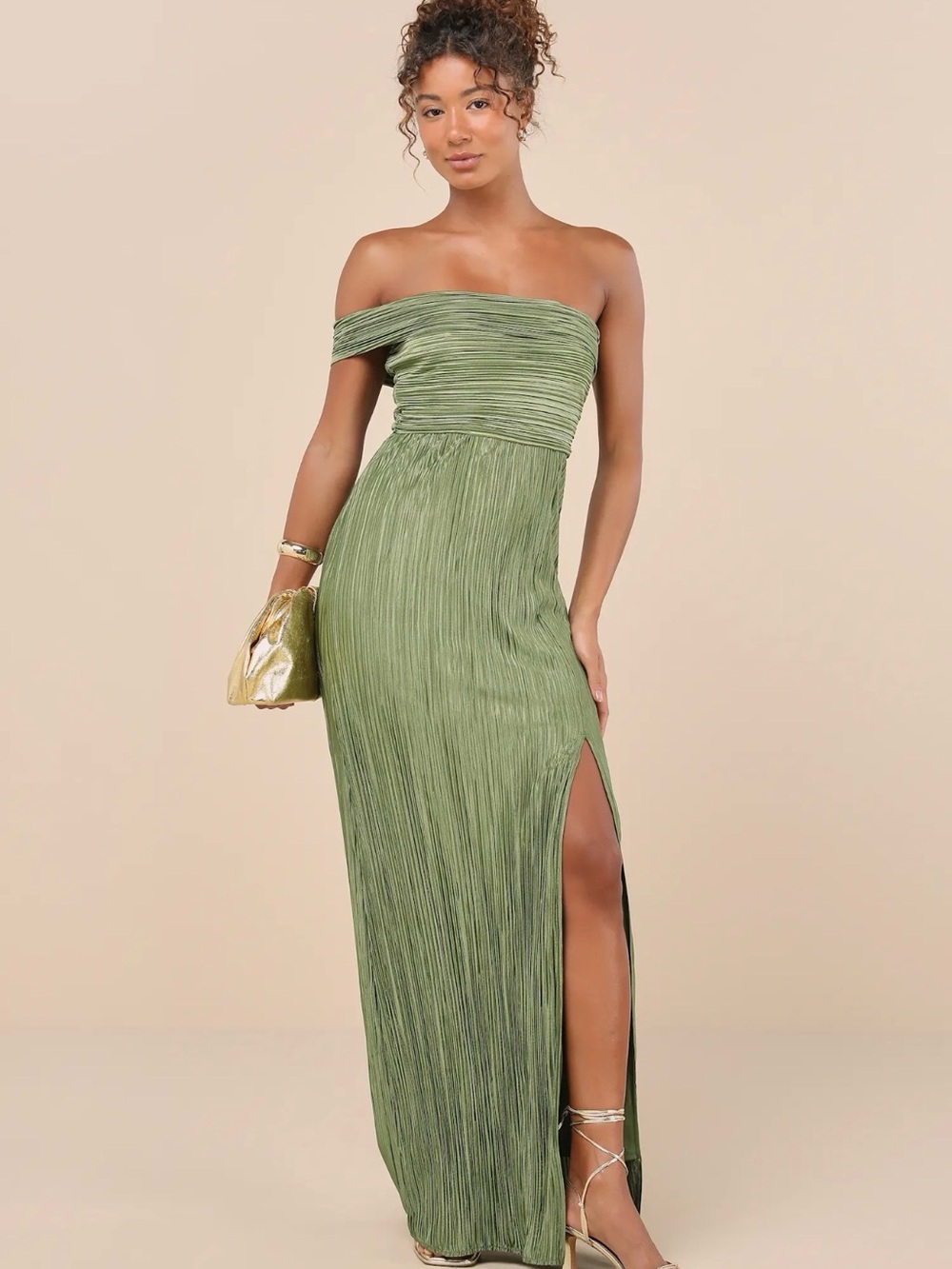 Lulu's Olive Green Off-the-Shoulder Maxi Dress with Thigh Slit